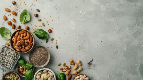 Nourishing plant based health food rich in lipids made from ingredients like nuts seeds legumes and whole grains for a healthy heart and balanced cholesterol set against a neutral backdrop photo