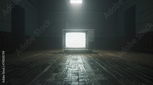 wide shot of 2000s TV monitor on floor, playing static, dark void without walls, clean, wood floor, overhead spotlight, photoreal, cinematic