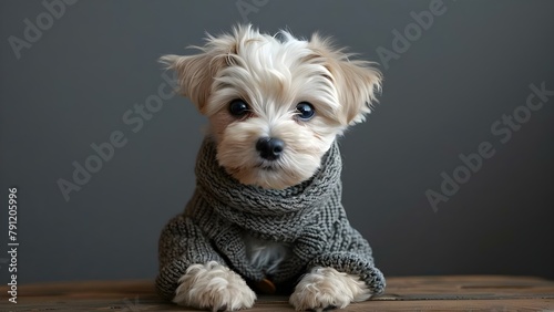 Maltese terrier puppy in a stylish knitted blazer for a photo shoot. Concept Pet Fashion, Cute Puppy Outfit, Stylish Knits, Fashionable Canines, Photoshoot Ready