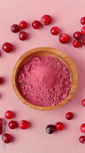 Cranberry extract red fruit powder organic natural ingredient on wooden bowl story background