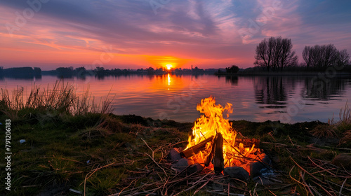 Spring Bonfire by the lake at Sunset. Coastal Camping. spring break #791206183
