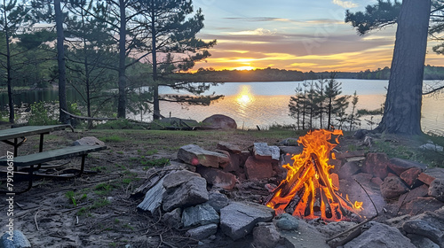 Spring Bonfire by the lake at Sunset. Coastal Camping. spring break #791206187