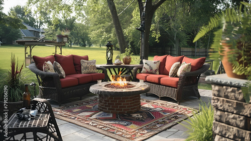 Spring Terrace. Wicker Patio Furniture with Fire Pit Seating Set