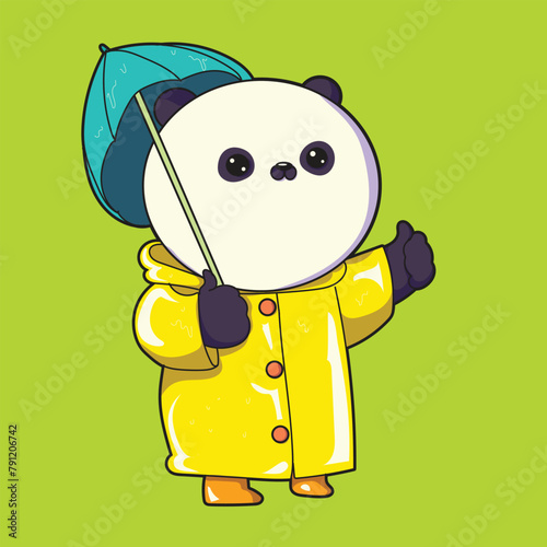panda wears a yellow raincoat and carries a blue umbrella