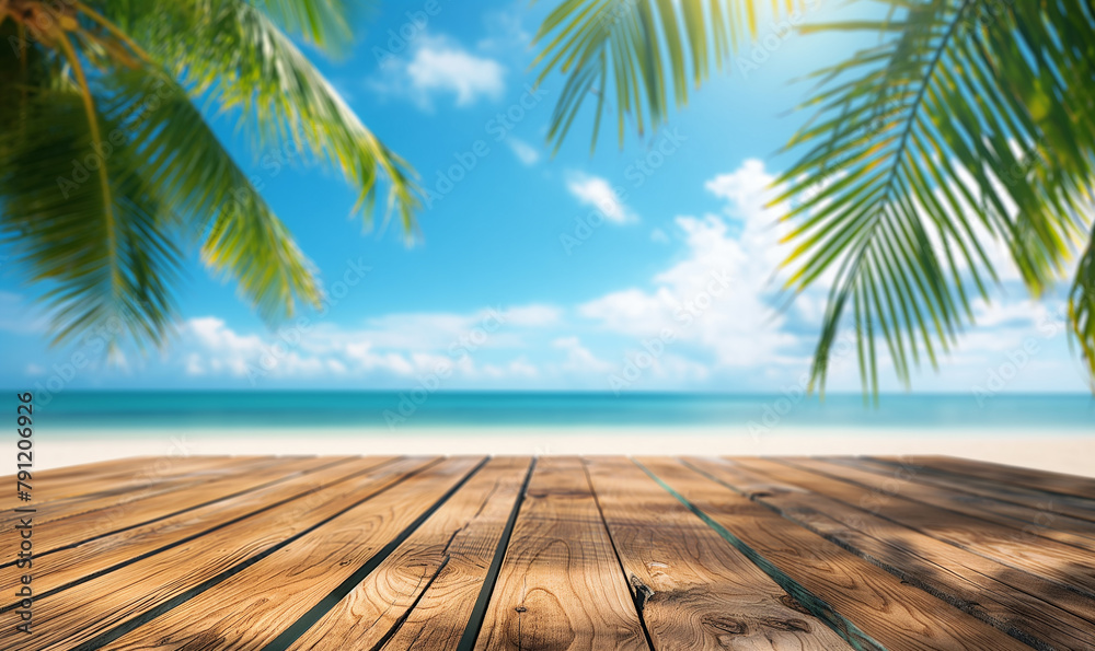 Wooden table top with wooden planks and blurred beach background, palm leaves and blue sky in summer for product display montage