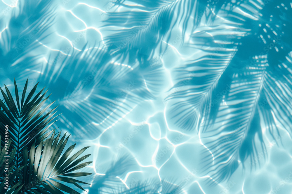 Beautiful abstract background with palm tree shadows on water in pool, blue color Beautiful abstract background with palm tree shadows on water in pool, blue color