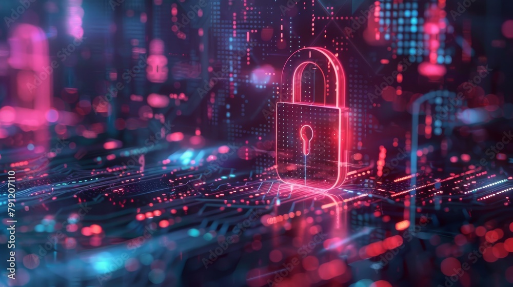 A glowing red padlock icon over a blue circuit board with pink lights. A glowing red padlock icon over a blue circuit board with pink lights.