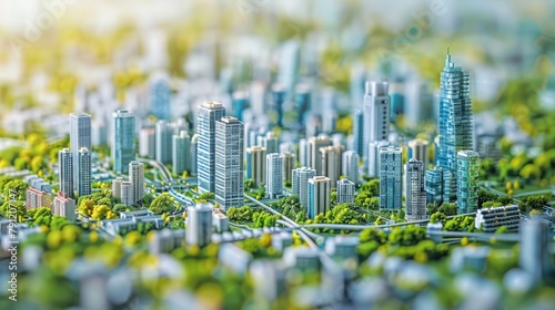 A miniature model of a city with skyscrapers and lush greenery