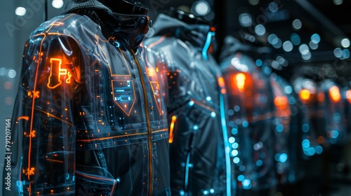 A row of mannequins wearing black jackets with glowing blue and orange circuitry displayed in a store with a blurred background of lights.