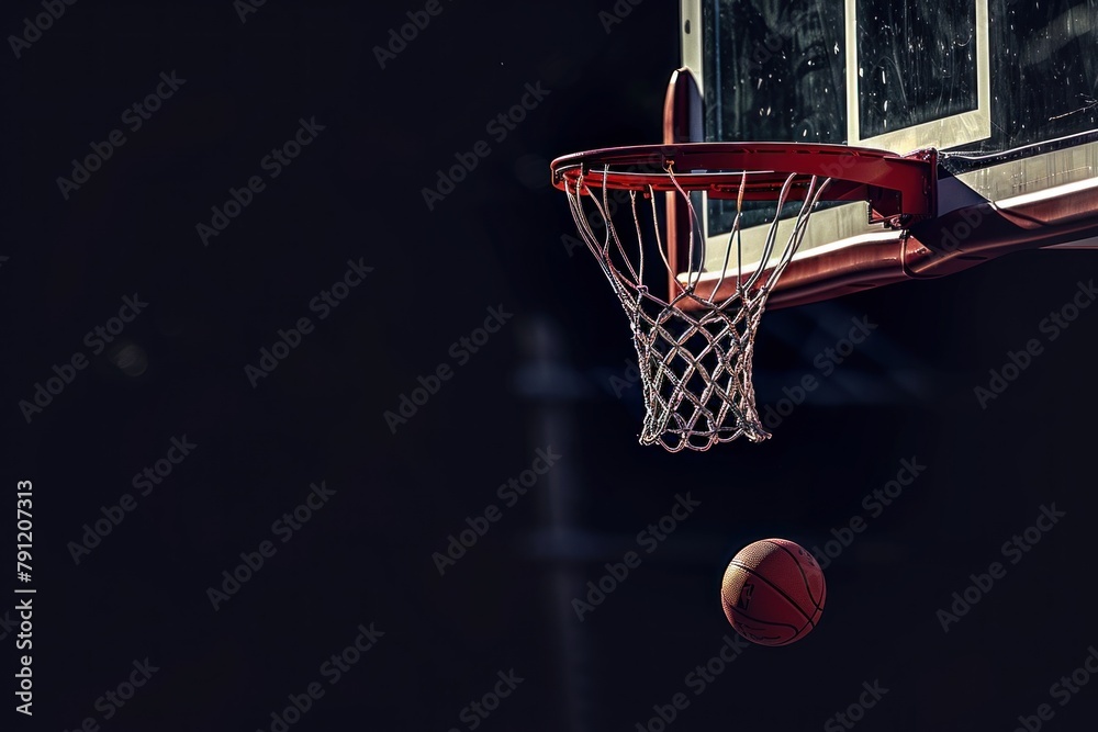 A clean shot of a basketball hoop with a single ball poised to score.