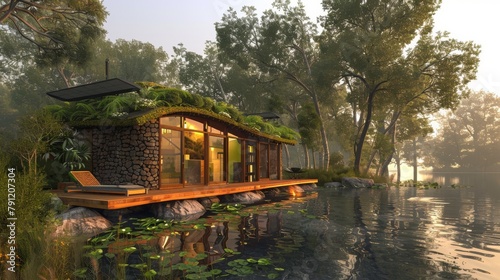 The cabin is located in a beautiful setting, surrounded by trees and water.