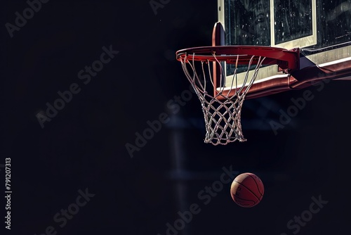 A clean shot of a basketball hoop with a single ball poised to score.