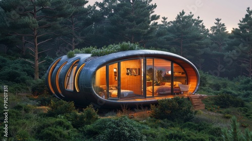 The image shows a modern house in the middle of a forest. The house is made of glass and has a curved roof.