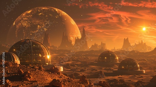 The scene shows Mars with a red sky and a moon in the background. There are several glass domes on the surface.
