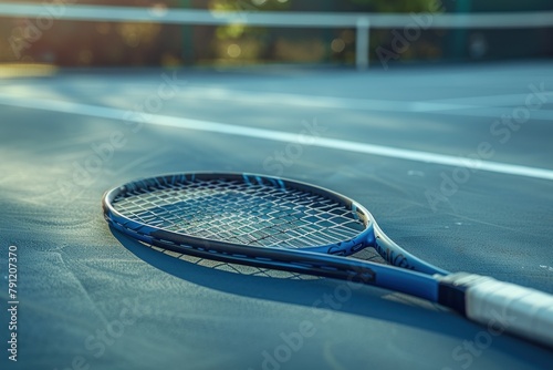 A clean shot of a tennis racket resting on a pristine court. photo