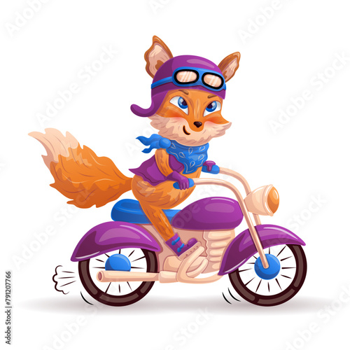 Funny cartoon fox is riding the motorcycle. Vector illustration.
