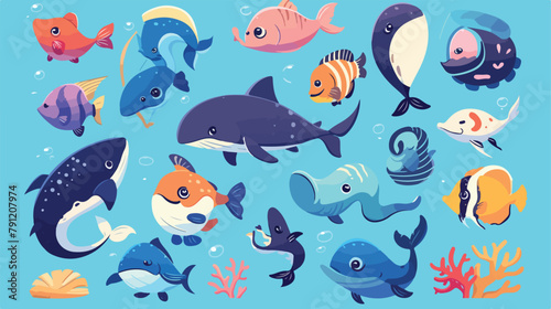 Concept set of Cute Sea animals fish. Vector illust
