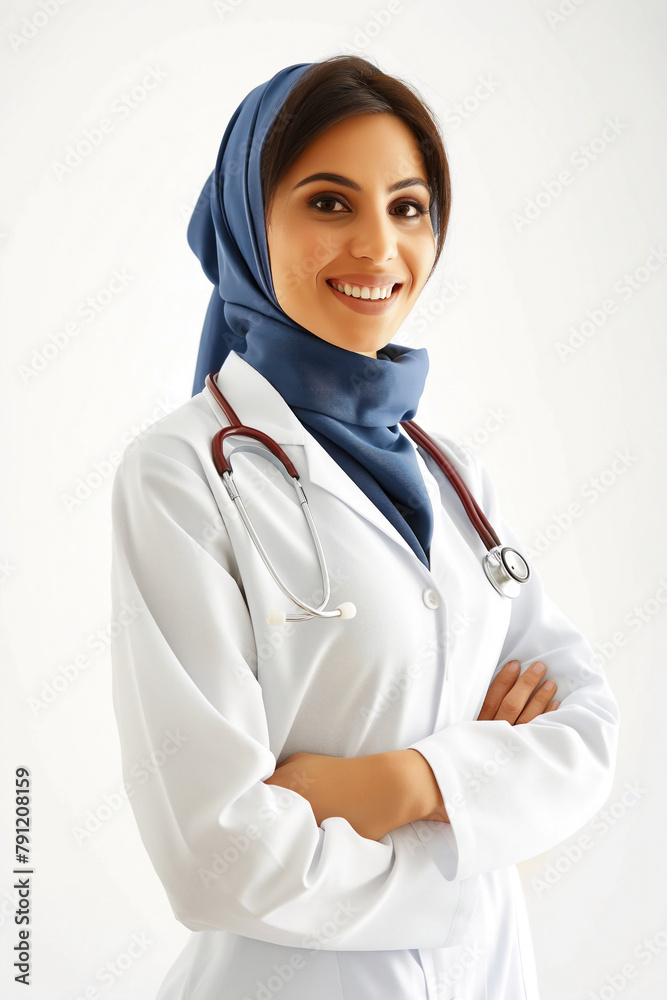 portrait of 25 years old arabian hijab female doctor with uniform and stethoscope. portrait of 25 years old arabian hijab female doctor with uniform and stethoscope.