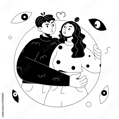Couple doing public kissing, doodle mini illustration 