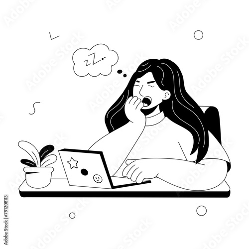 Working girl is yawning, doodle mini illustration 