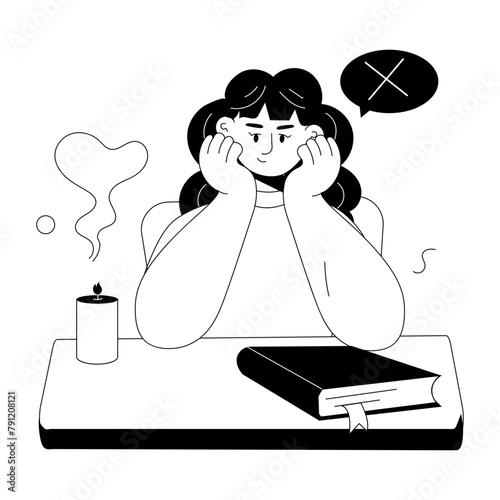 Tired girl resting elbows, doodle mini illustration 