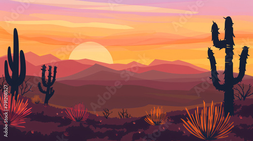 Desert Sunset: Cacti Silhouettes, Distant Mountains