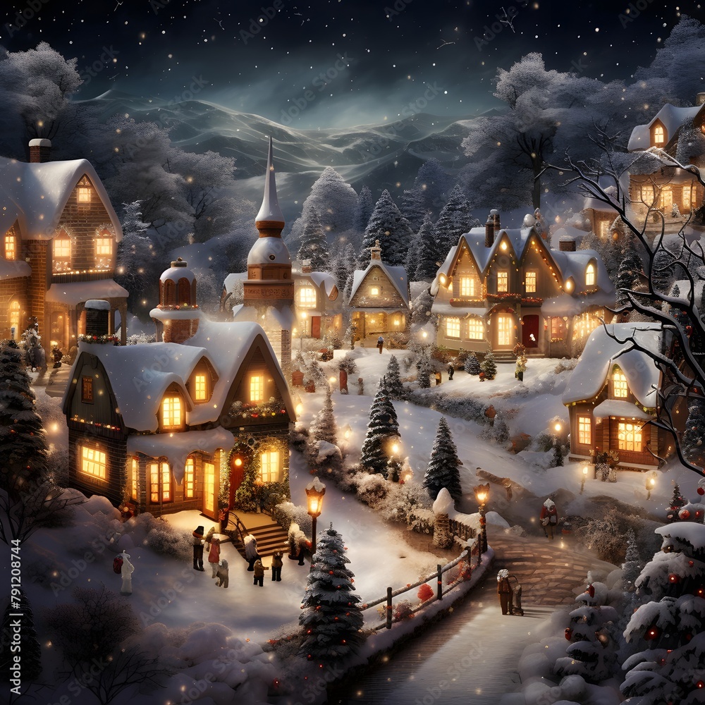 Winter landscape with a small village. Christmas and New Year background.