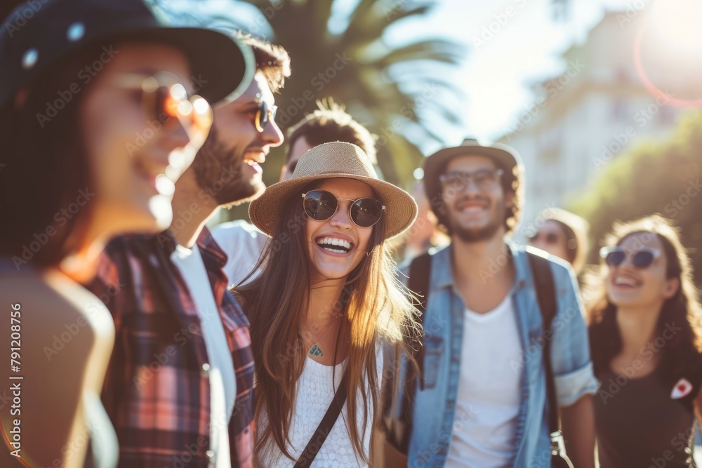 Group of young people walking in the city on a sunny day. Group of young people walking in the city on a sunny day.