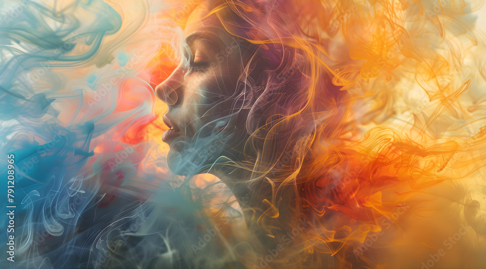 Holy prayer and spiritual worship of a woman in colorful painting smoke. Perfect for Mother's Day and Women's Day concept.