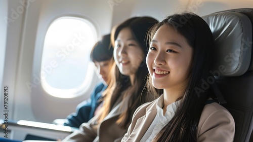 Sunny day, the picture is bright, Asian college students sitting in the business first class of the plane, real photo , digital photography photo