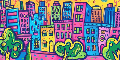A Whimsical Doodle Cityscape  Bustling Streets and Playful Buildings Perfect for Illustrations