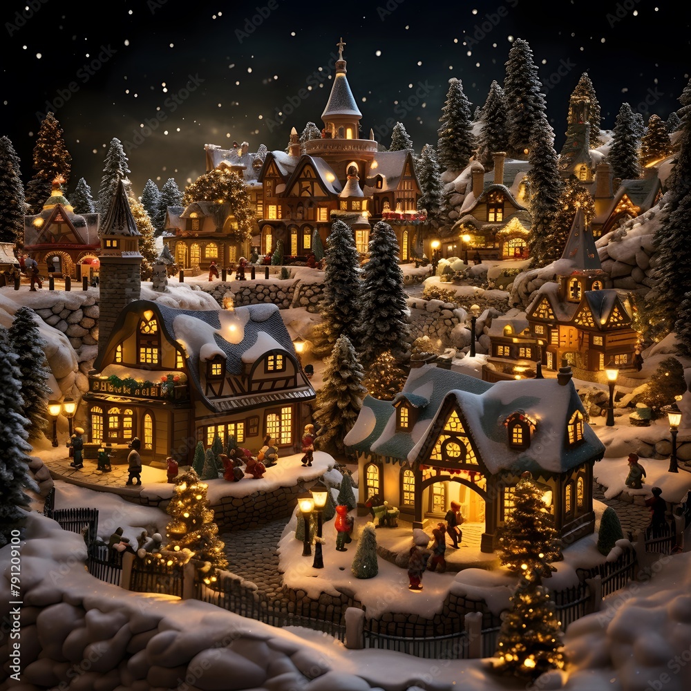 Christmas and New Year miniature scene with Christmas trees and houses on a snowy background
