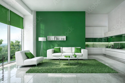 modern interior design living room mockup sofa table couch windows furniture green and white tone
