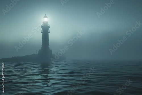 Bring the beauty of maritime exploration to life with a digital rendering technique Show a minimalist, eye-level view of a lighthouse guiding ships in the dark, utilizing photorealistic details to enh