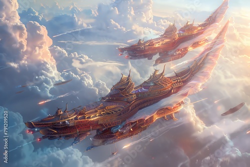 Bring to life a detailed 3D CG rendering of legendary flying vessels and celestial beings soaring through ancient skies, merging aeronautical exploration with mythological wonder photo