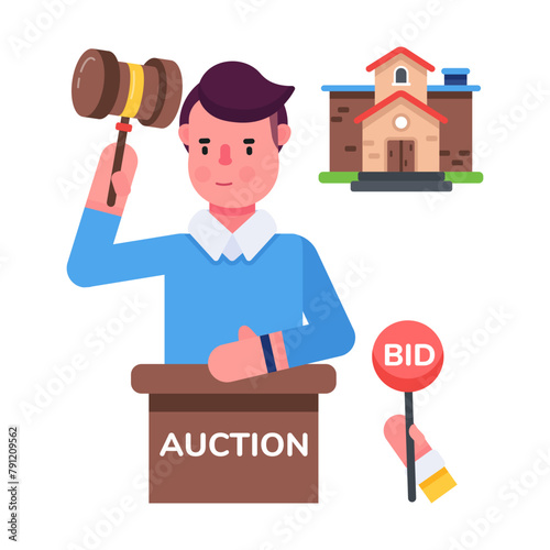 Modern flat icon depicting property auction 
