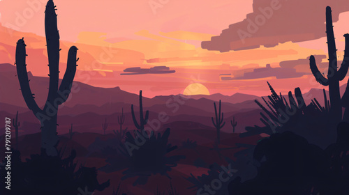 Desert Sunset: Cacti Silhouettes, Distant Mountains