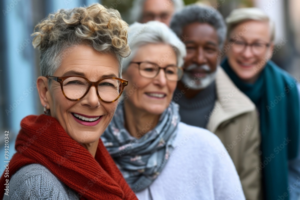 Smiling senior woman in eyeglasses with friends in the background