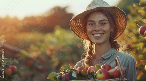 Happy female farmer holding apple basket. Rural harvest scene photo