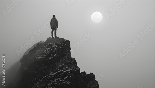 A man standing at the top of the mountain, enjoying the view and a sense of accomplishment in nature.