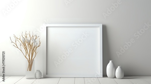 White picture frame and white vases on a white table against a w