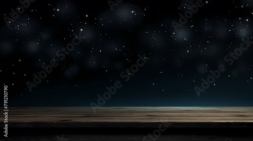 Wooden table with starry sky background, dark night