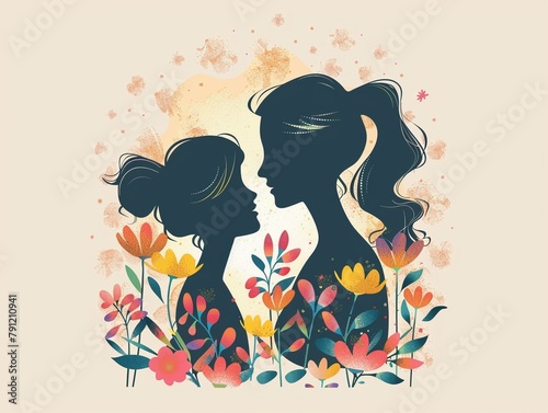 illustration of silhouette mom and daughter with flowers in bright colors.