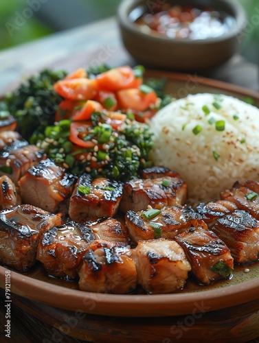 A high-resolution 4K image of Khao Niew Moo Yang, highlighting the dish on a culturally rich Isan plate atop a wooden table Focus on the contrast between the dark grilled pork and the white sticky ric photo