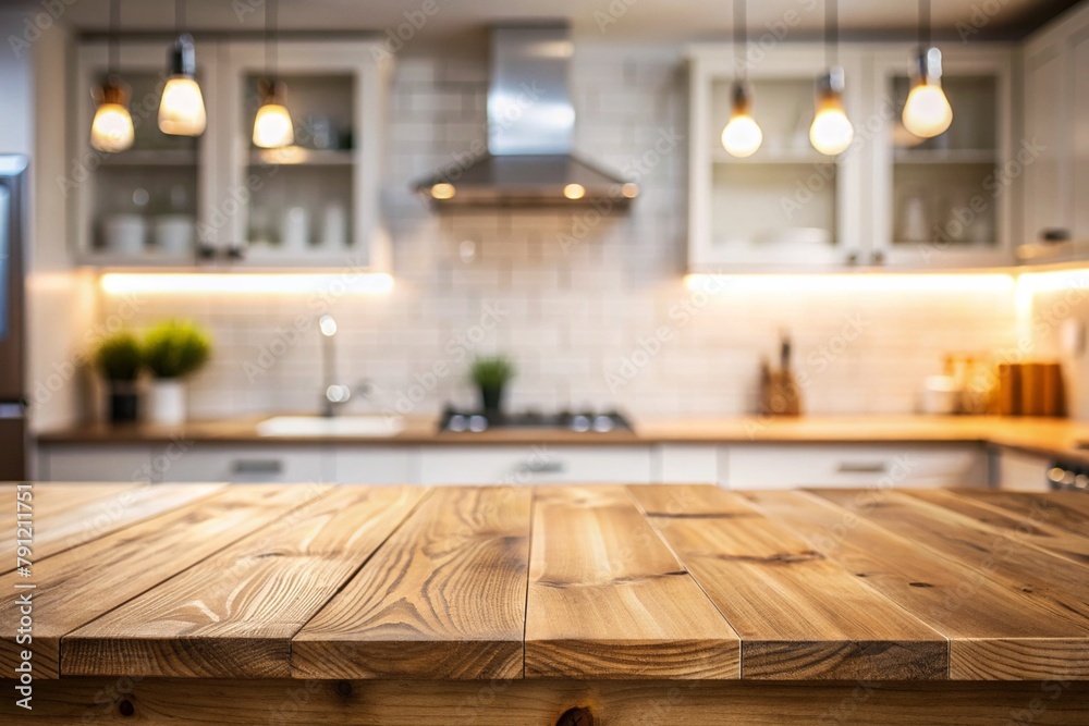 Empty beautiful wood table top counter and blur bokeh modern kitchen interior background in clean and bright,Banner, Ready for product montage Empty beautiful wood table top counter and blur bokeh modern kitchen interior background in clean and bright,Banner, Ready for product montage