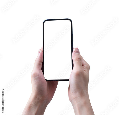 Woman hand holding, showing blank screen mobile phone isolated on white background, mockup