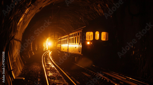 A train emerging from a tunnel its windows glowing with an otherworldly light as if the passengers onboard are ped in a perpetual state of limbo. .