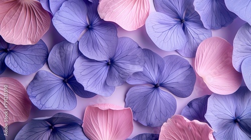 An array of pink and purple hydrangea petals arranged on a soft background. © Beautiful