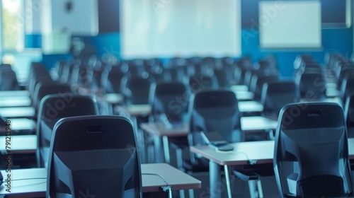 A hazy view of a lecture hall with rows of empty chairs and a faintly visible whiteboard at the front surrounded by a chaotic blur of computer monitors tablets and other technological .