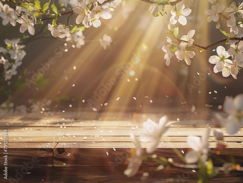 Blossoms and sunbeams in front of a wooden table